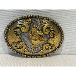 Nocona western belt buckle bronc rider two-tone floral scroll fits 1.5 belt